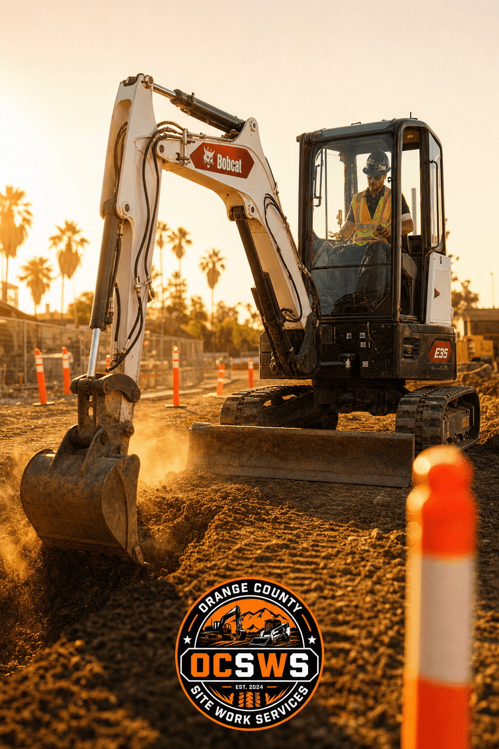 Orange County Site Work Services - Bobcat excavator grading earth on a sunny Orange County job site with warm golden-hour lighting