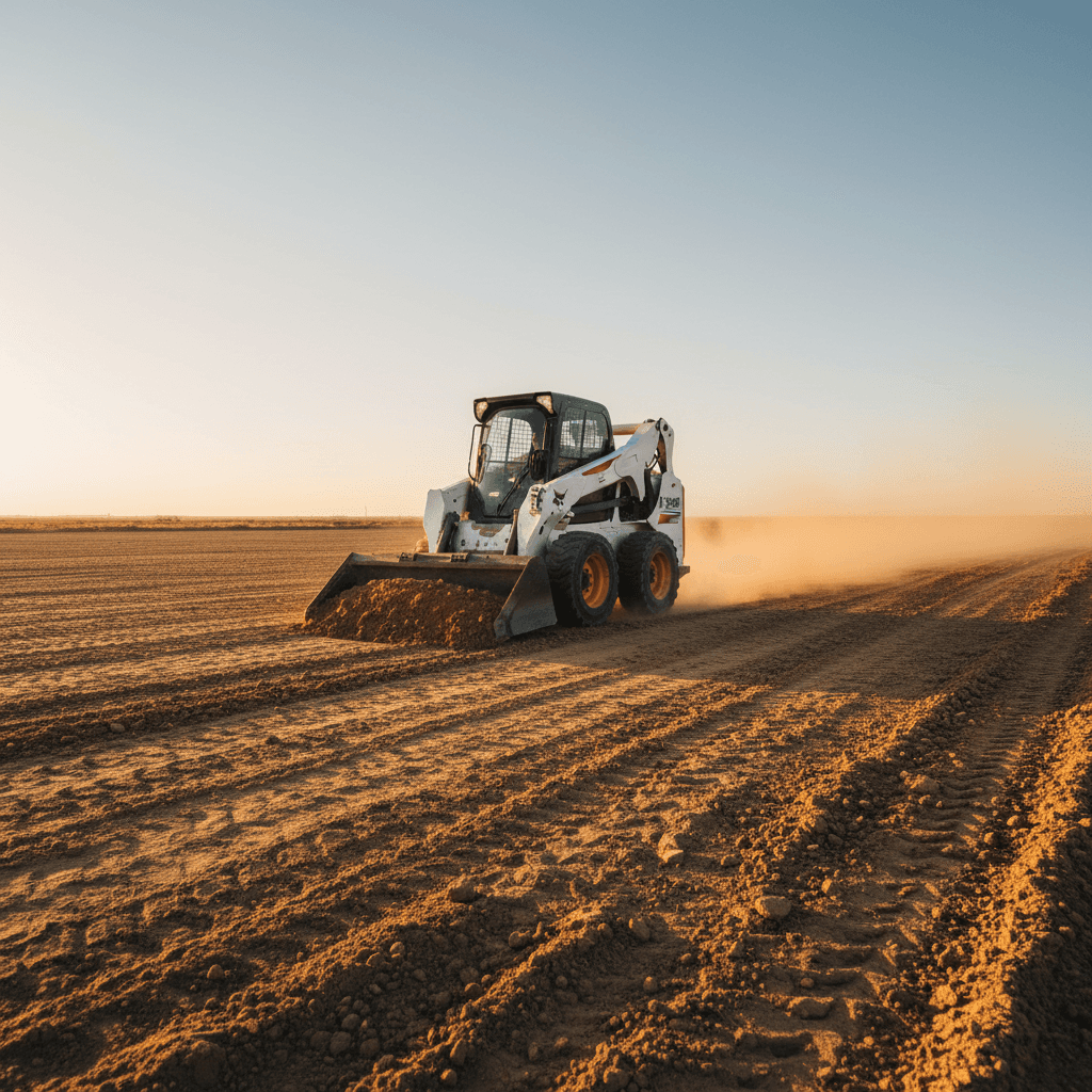 Bobcat grading a flat dirt lot with dust in the air during late afternoon