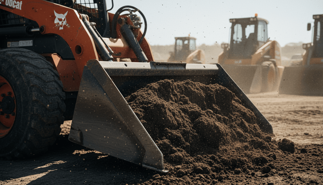 Bobcat bucket filled with dirt at an Orange County worksite