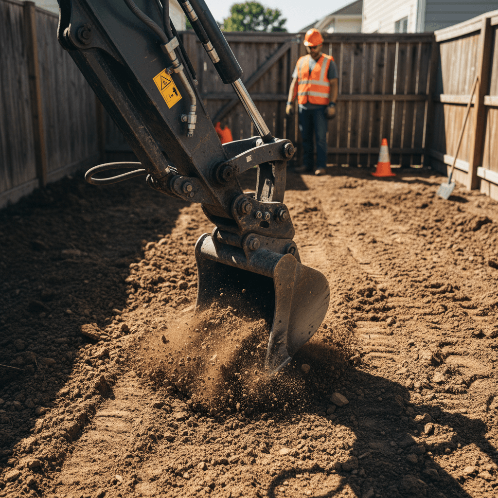 Bobcat and dump trailer at active site work project