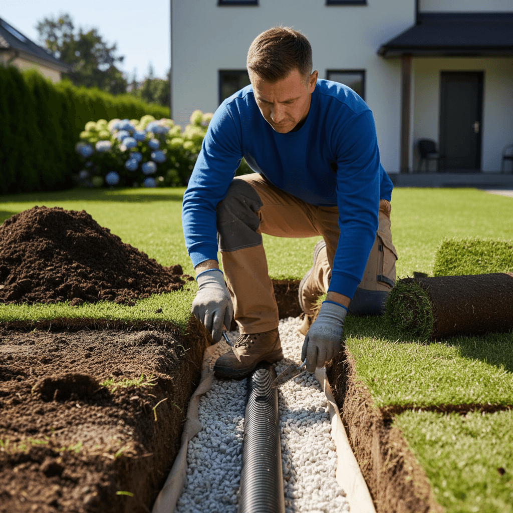 Landscaper inspecting newly installed drainage system with focus on pipe and gravel construction details