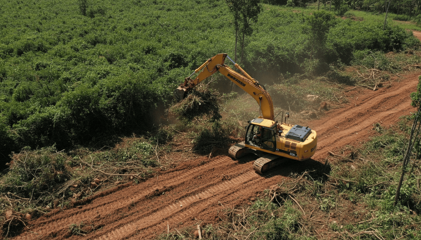 Excavator performing site work and earthwork on Orange County construction project