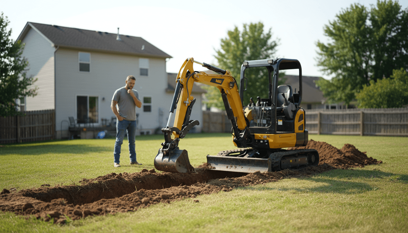 Bobcat excavating and grading soil at an active construction site
