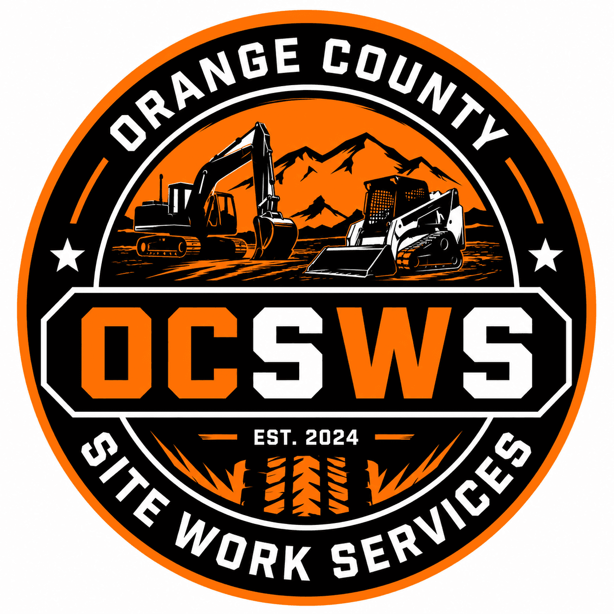 Circular logo for OCSWS Site Work Services featuring an excavator, skid steer, and mountains.