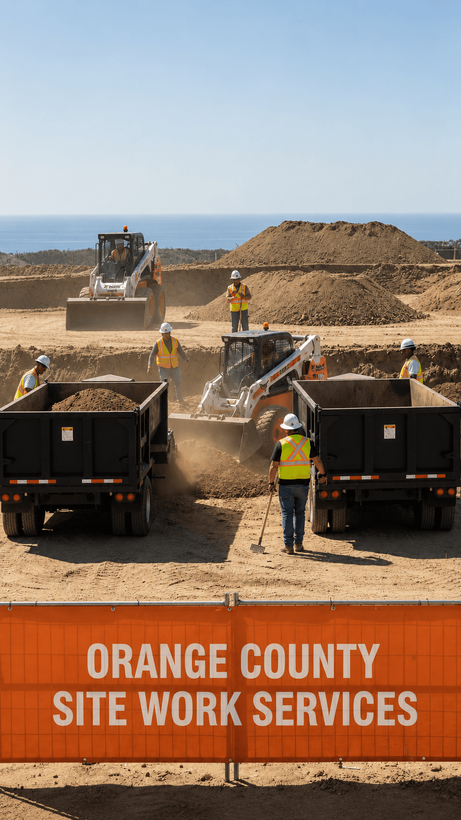 Construction crew operating heavy machinery at a seaside site behind an orange company banner.