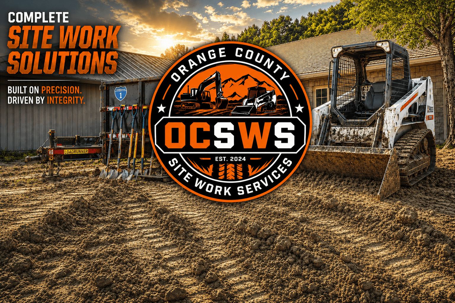 Orange County Site Work Services logo centered over a construction site with a skid steer.