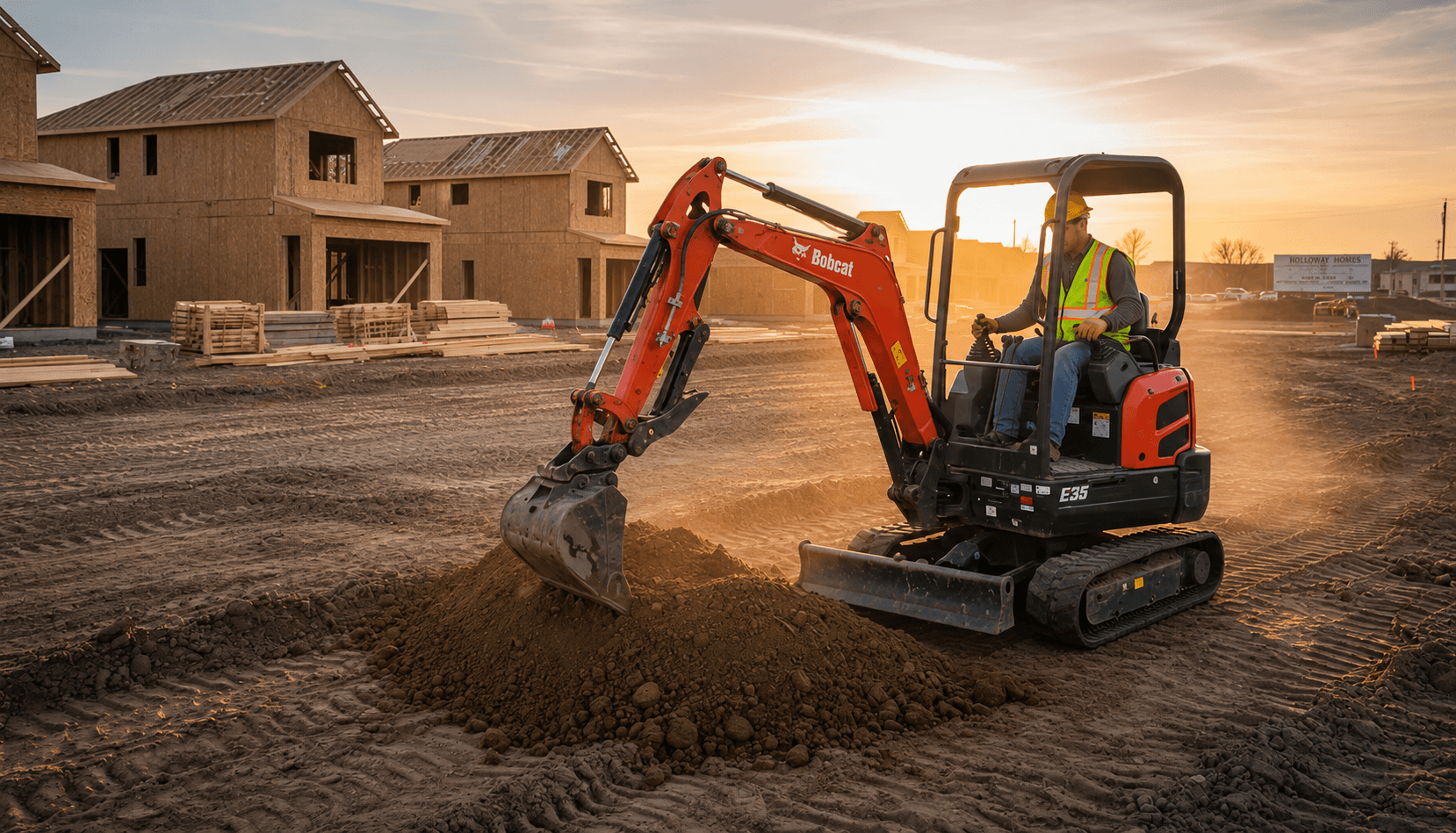 A worker operates an orange Bobcat excavator at a residential construction site during sunset.
