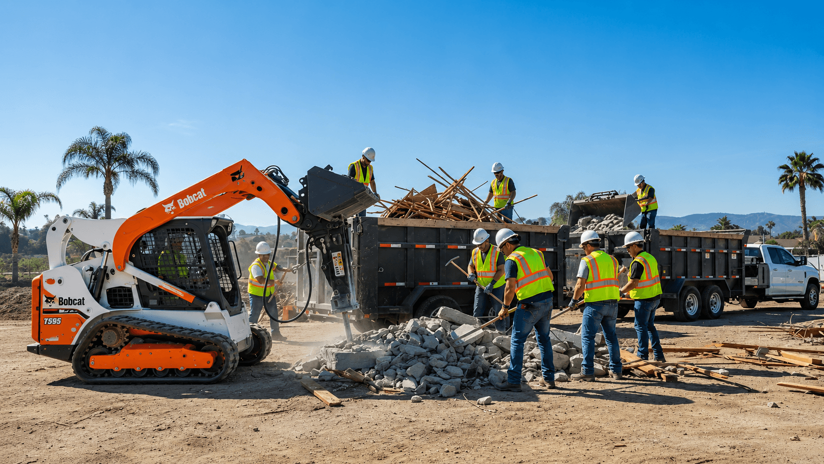 Construction workers using a Bobcat jackhammer to break concrete and load debris into a trailer.